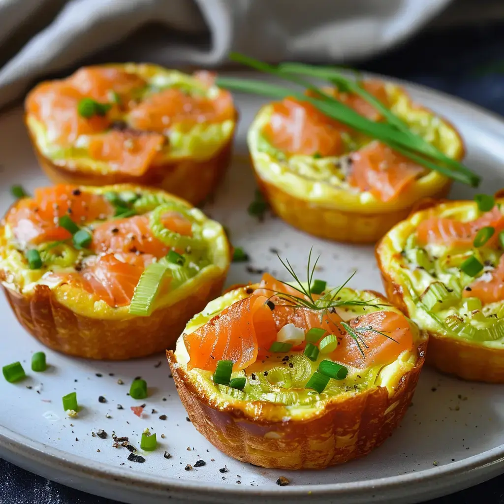 Savory tarts filled with smoked salmon, green onions, and herbs, served on a plate.