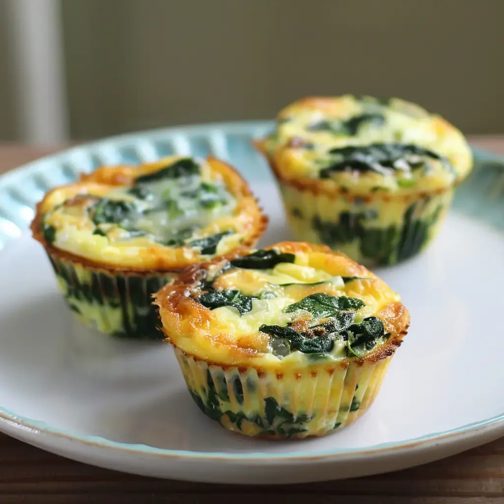 Three golden-brown spinach muffins on a plate, looking freshly baked.