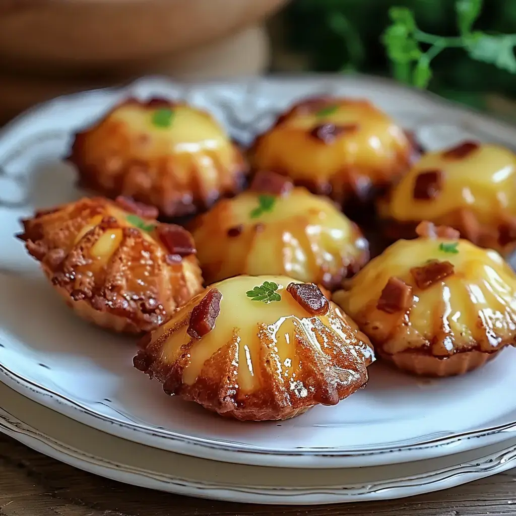 Golden pastries stuffed with cheese and bacon, served on a white plate.