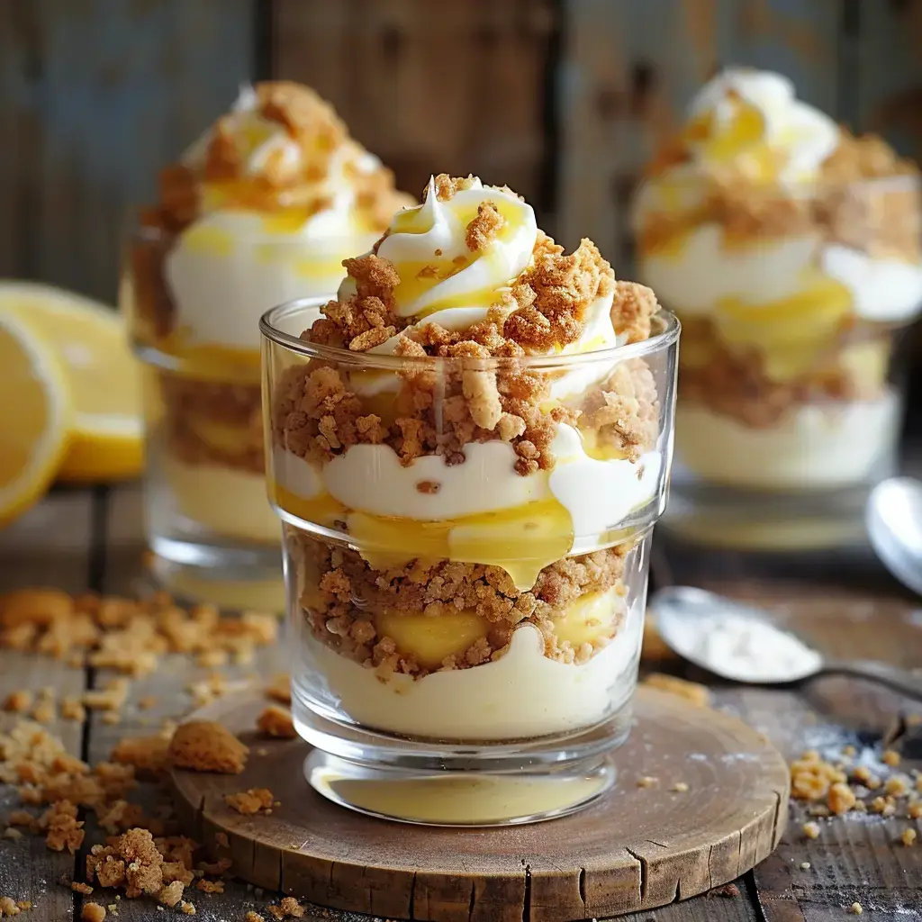 Dessert glasses with lemony cream, biscuit crumbles, and whipped topping sitting on a wooden table.