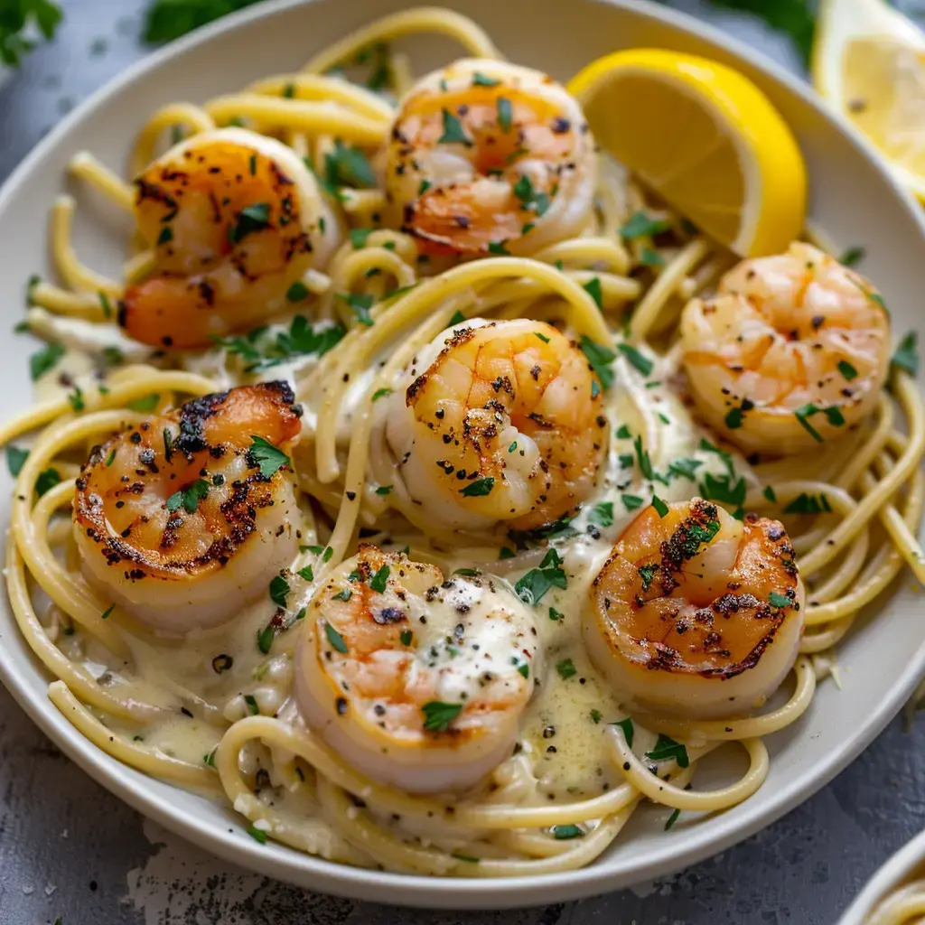 A plate of pasta topped with grilled shrimp, fresh parsley, and lemon wedges.