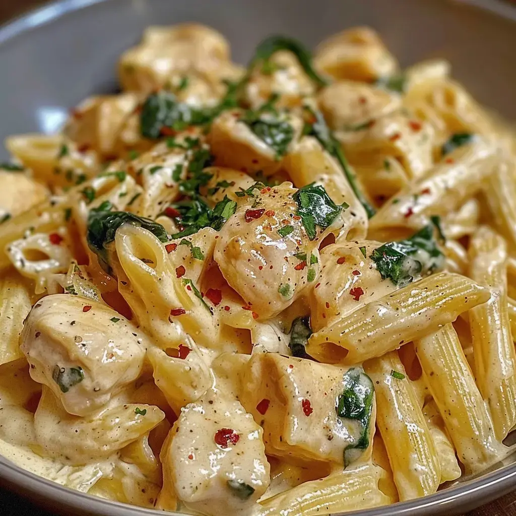Creamy pasta with chicken, spinach, and herbs topped with chili flakes.