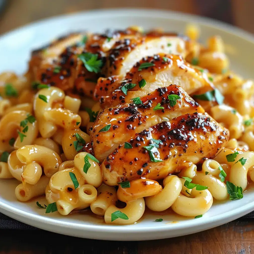 A bowl of elbow pasta paired with grilled chicken chunks, garnished with fresh parsley.