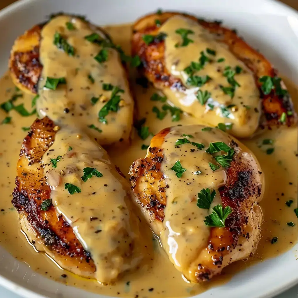 Grilled chicken pieces smothered in creamy sauce and sprinkled with fresh parsley.