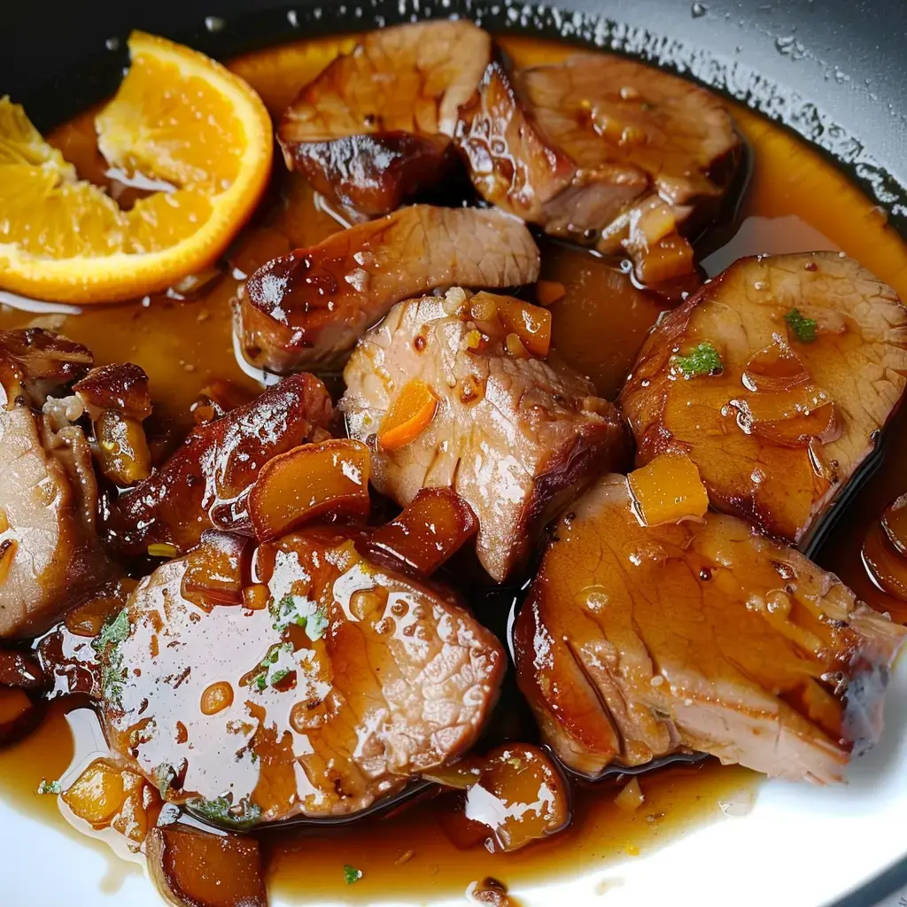 Tender meat pieces in a saucy dish with a slice of orange on the side.