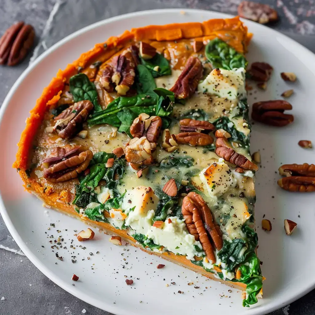 A slice of pie made with sweet potato crust, spinach, cheese, and pecans served on a plate.