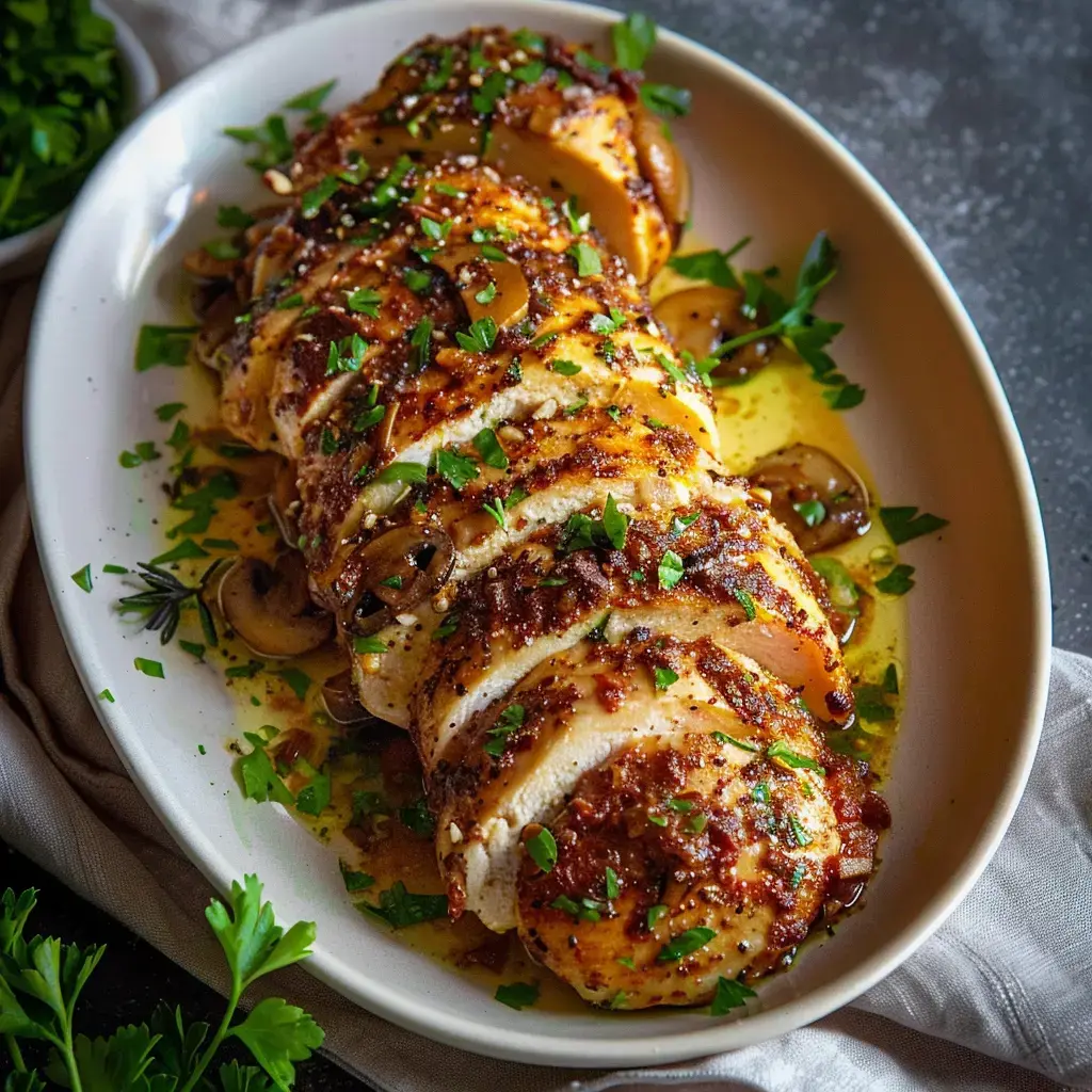 Sliced roasted chicken topped with mushrooms and fresh herbs, served with a golden sauce.