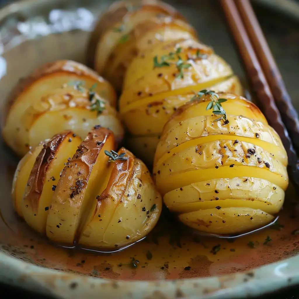 Sliced, baked potatoes sprinkled with thyme and pepper on a plate.