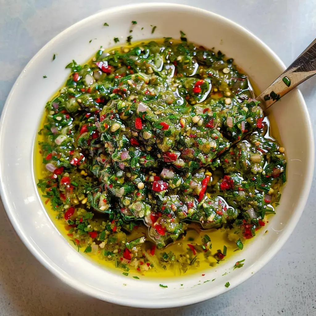 A close-up shot of a bright green herb-based sauce made with onion, chili, and olive oil, showcasing its rich texture.