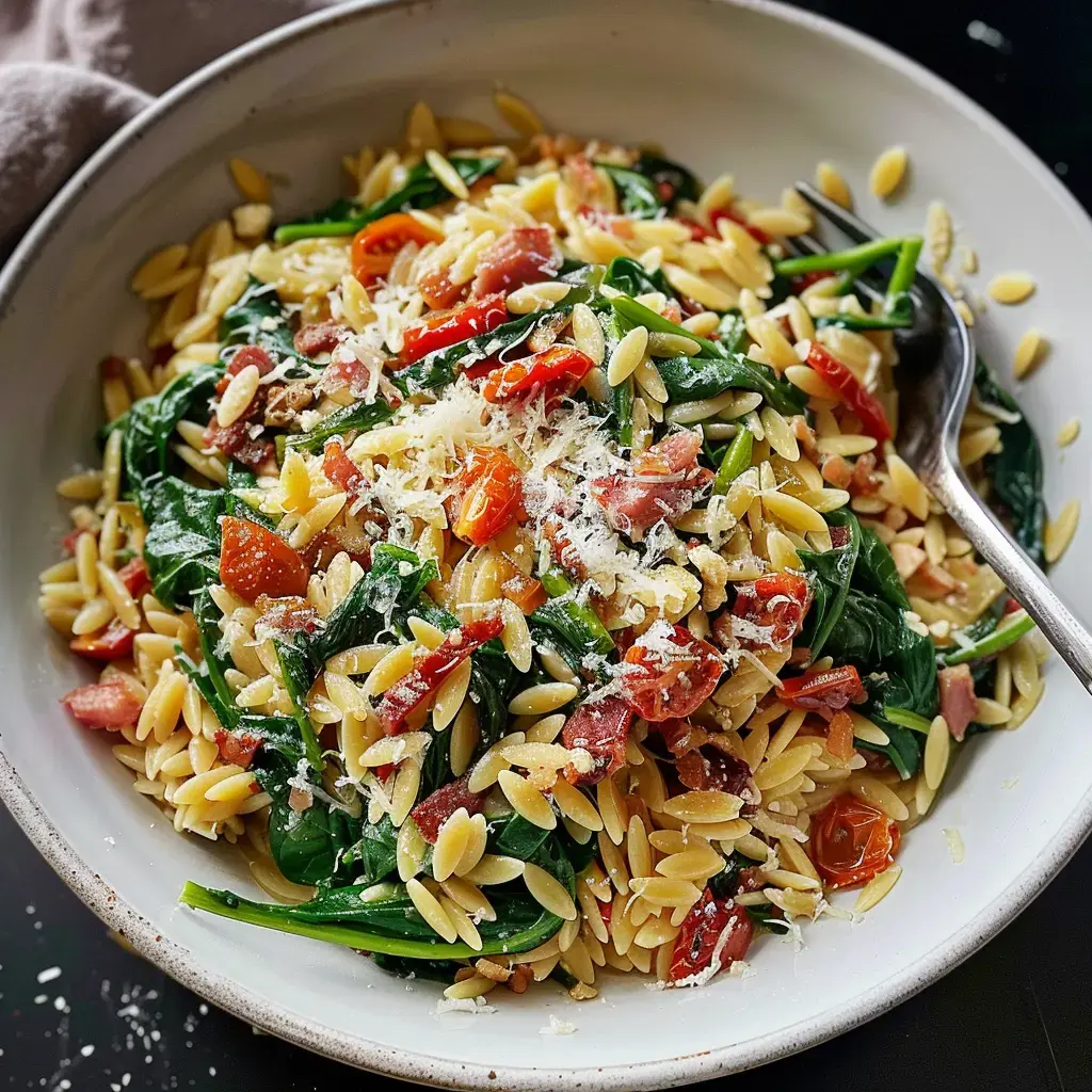 A bowl of orzo pasta mixed with spinach, roasted cherry tomatoes, and bacon, topped with grated cheese.