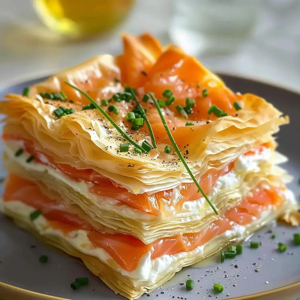 A layered salmon and mascarpone dish topped with chives and pepper, served with crispy pastry layers.