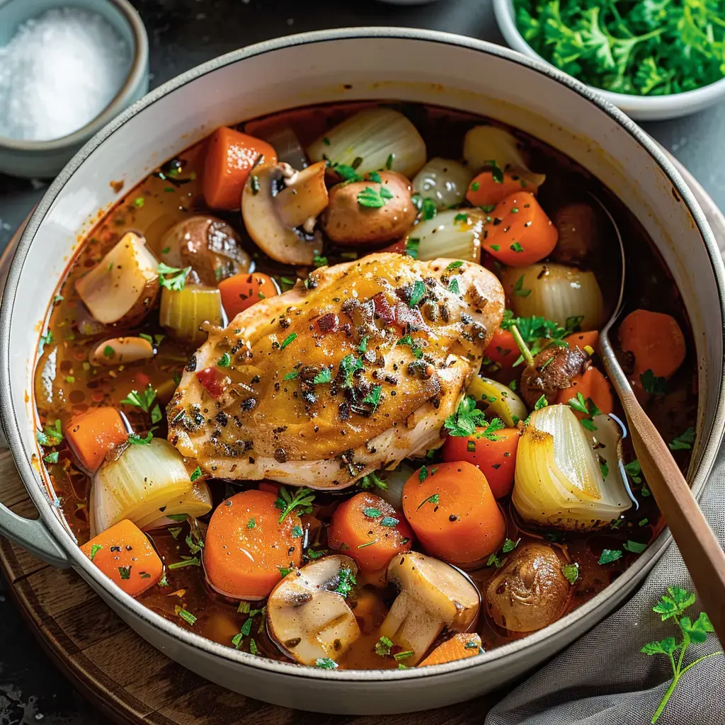 A pot of slow-cooked chicken with carrots, mushrooms, onions, and fresh herbs.