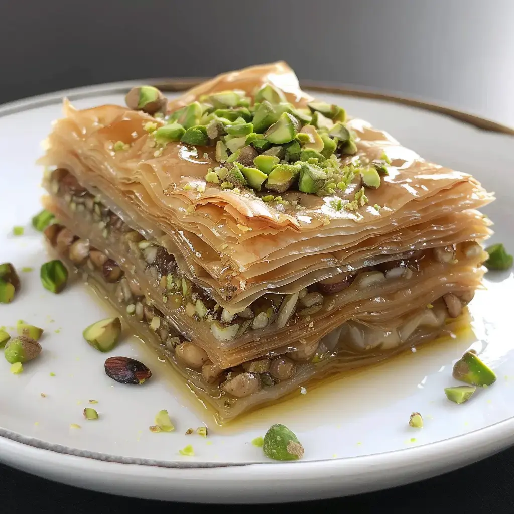 A dessert made with filo dough, stuffed with nuts and pistachios, topped with sweet syrup.