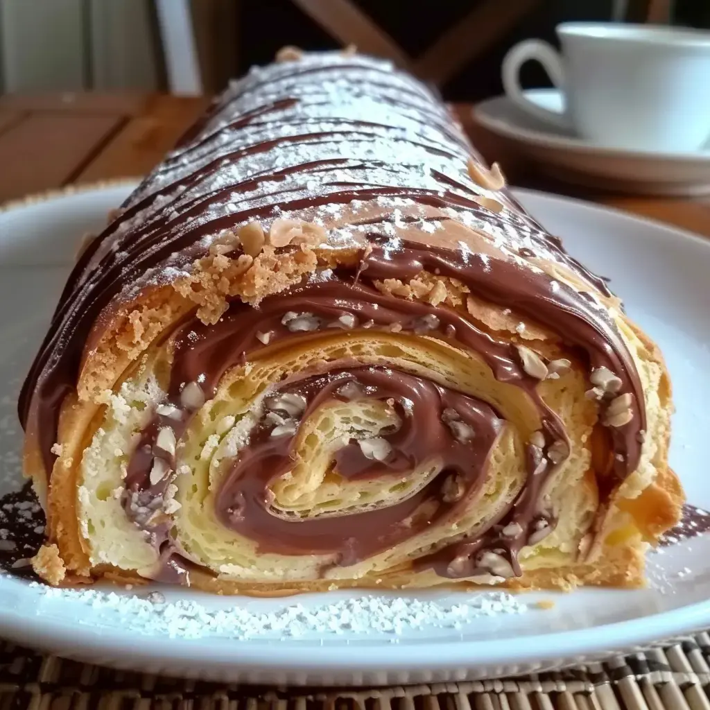 Chocolate-filled log cake dusted with powdered sugar and decorated with shavings, served on a plate.