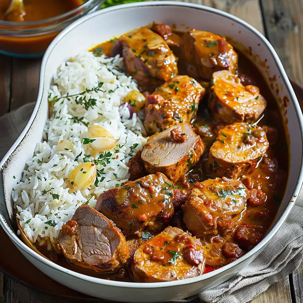 A hearty serving of pork in sauce with white rice, garnished with parsley and onions.