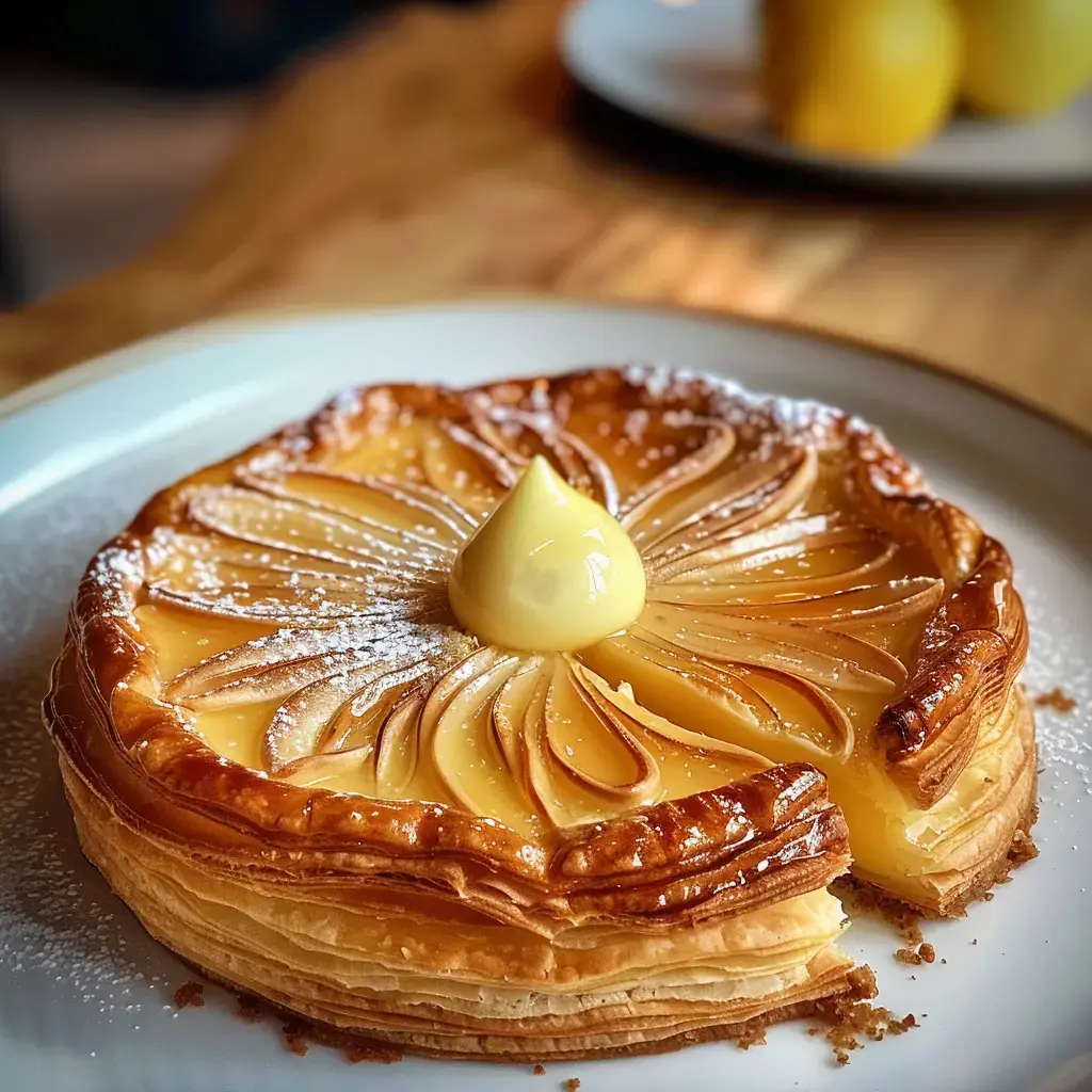 A stunning almond pie dusted with powdered sugar and topped with a dollop of whipped cream.