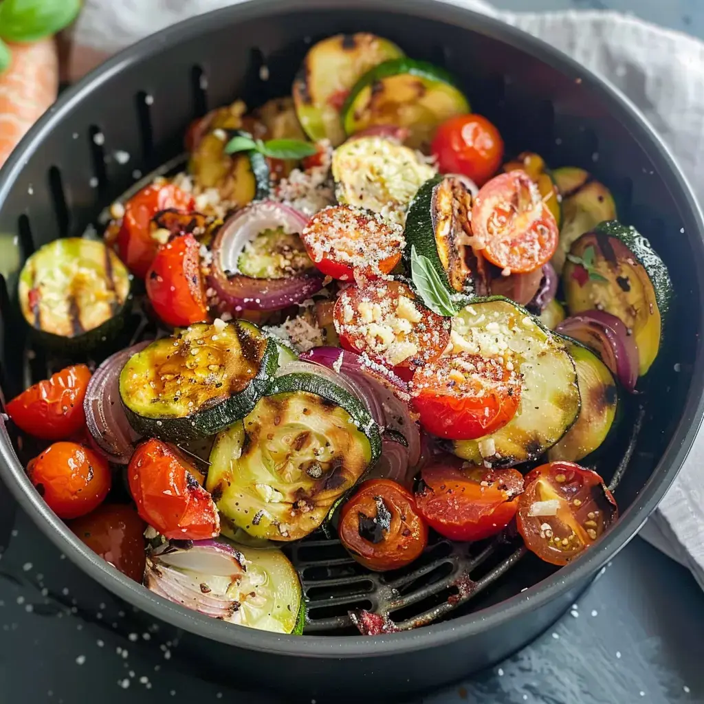 A mix of roasted veggies like zucchini, cherry tomatoes, and onions, topped with cheese and basil, in a black basket.