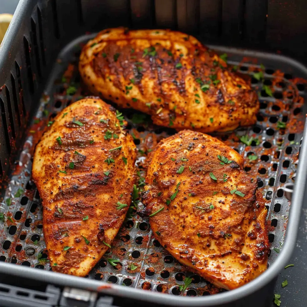 Seasoned chicken fillets cooked to perfection in an air fryer basket.