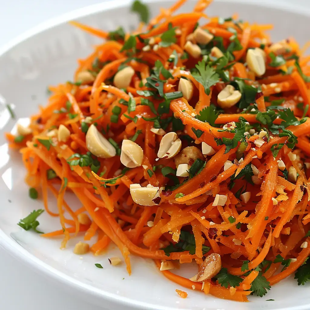 A vibrant grated carrot salad topped with peanuts and herbs.