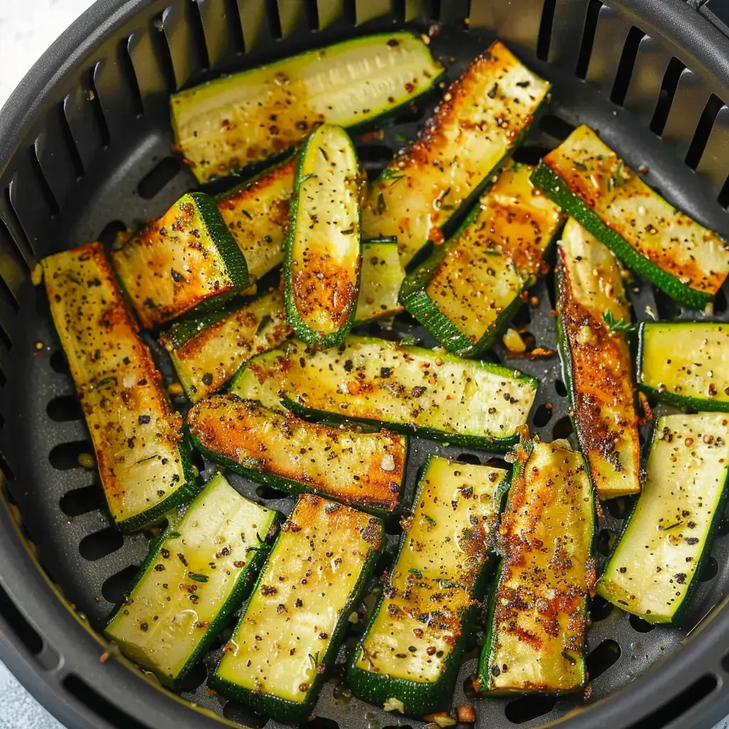 Crispy zucchini chunks with a light golden crust, sprinkled with spices and pepper, in an air fryer basket.