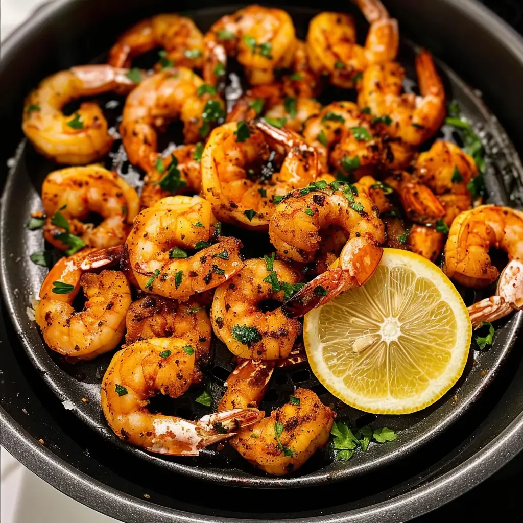 Seasoned shrimp garnished with parsley, paired with a lemon slice in a black dish.