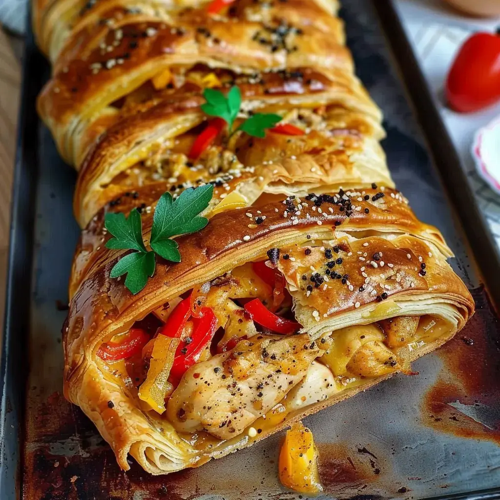 A golden puff pastry stuffed with chicken, red and yellow bell peppers, topped with herbs and seeds.