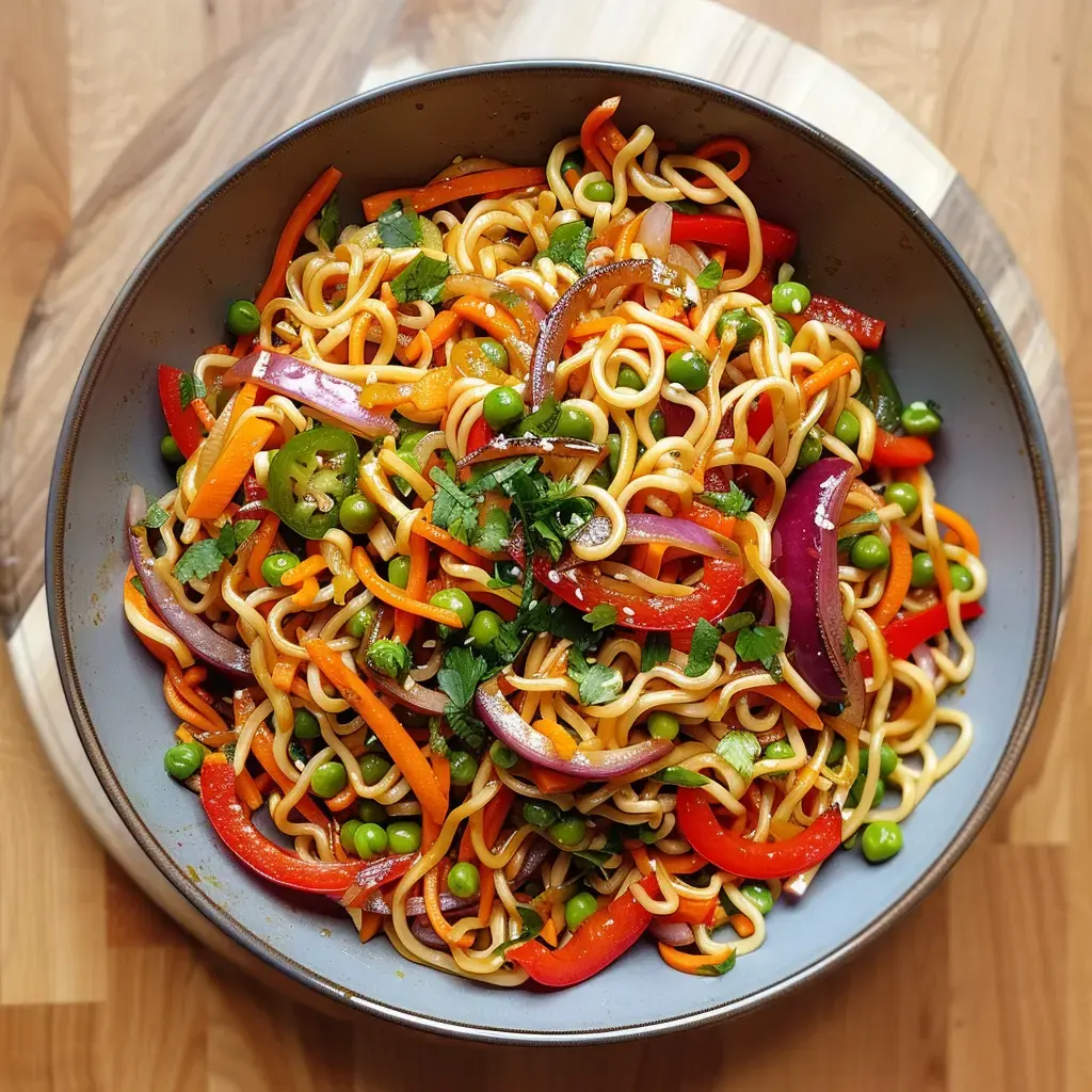 A colorful noodle dish with veggies like carrots, red and green peppers, peas, and topped with cilantro.