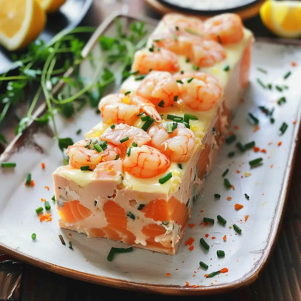 Une terrine de poisson garnie de crevettes, accompagnée d'herbes fraîches et de quartiers de citron.