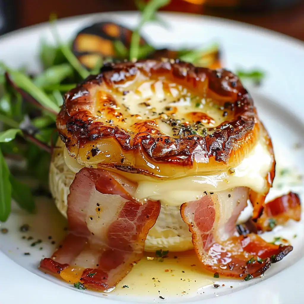 Un plat gourmand composé de fromage fondu garni de bacon croustillant et d'oignons caramélisés, accompagné de jeunes pousses.