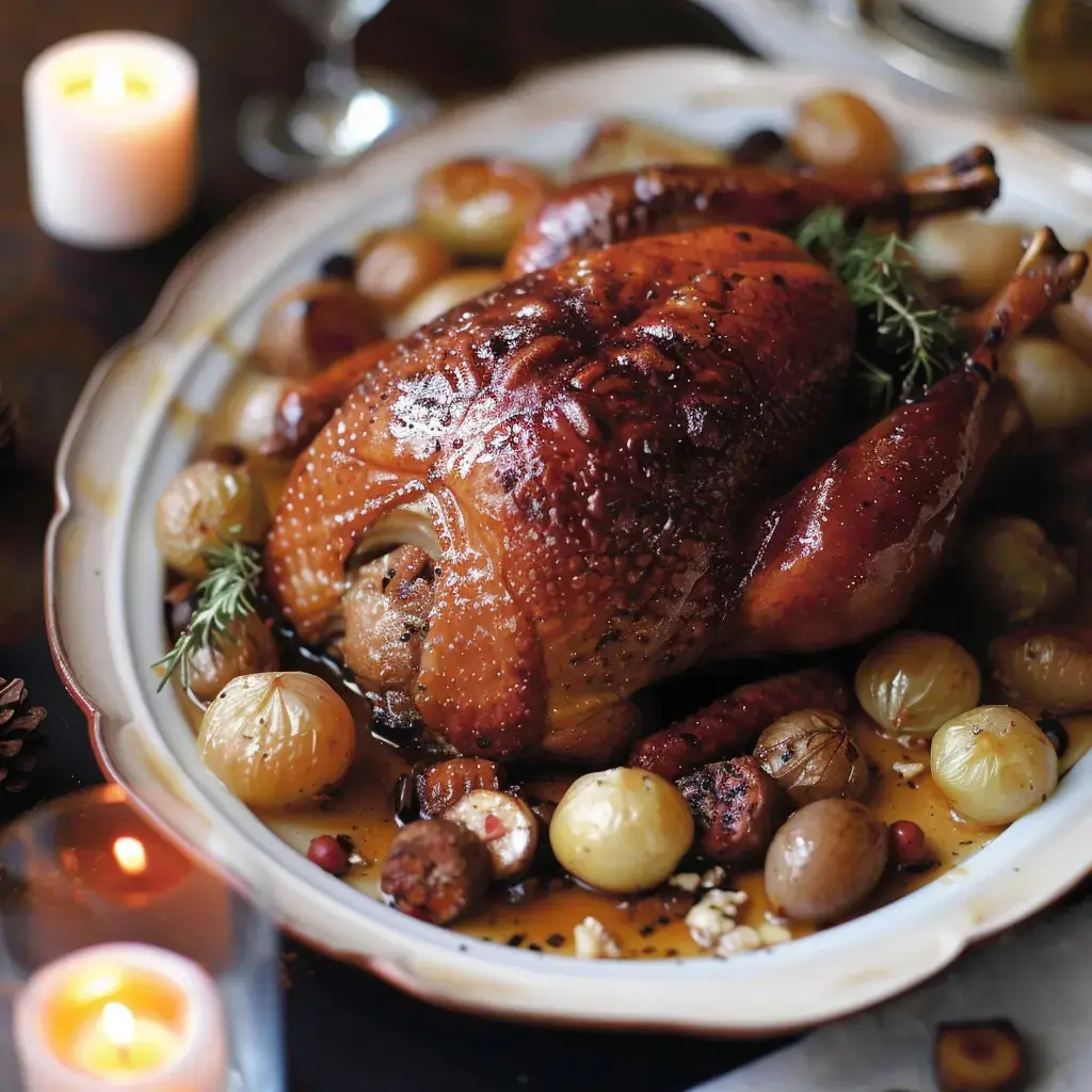 A golden roasted chicken served on a platter surrounded by onions and vegetables.