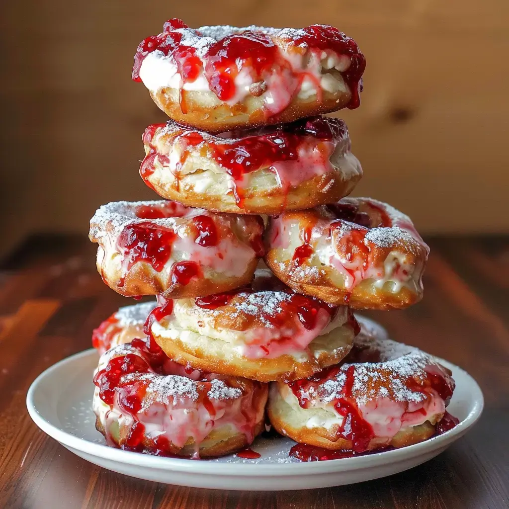 A stack of donuts topped with pink icing and jam, dusted with powdered sugar, sits on a plate.