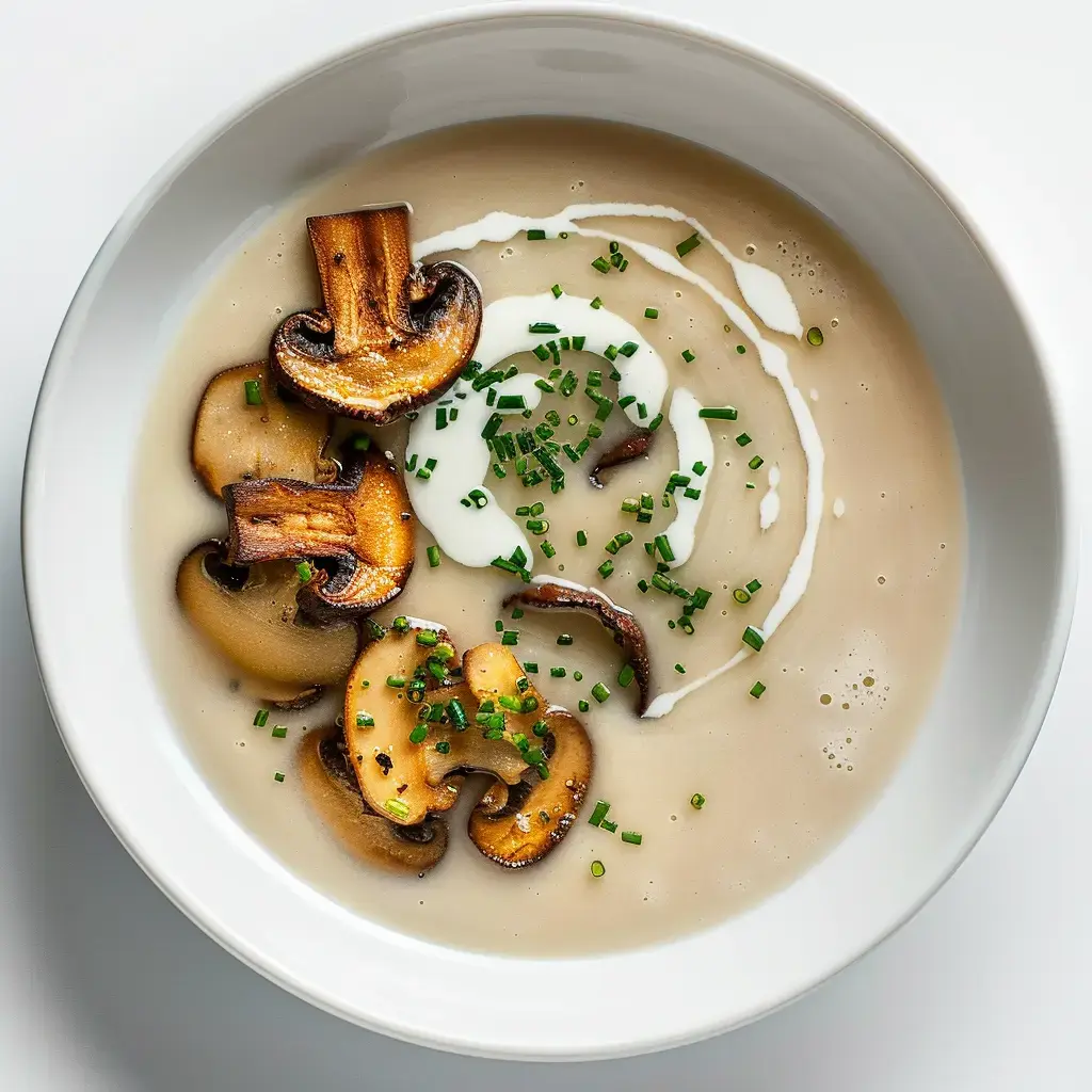 A creamy mushroom soup topped with grilled mushroom slices and chives.