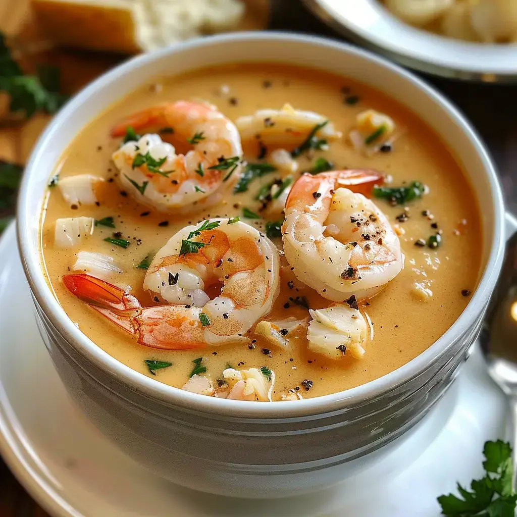 Creamy shrimp soup bowl topped with chives and black pepper.