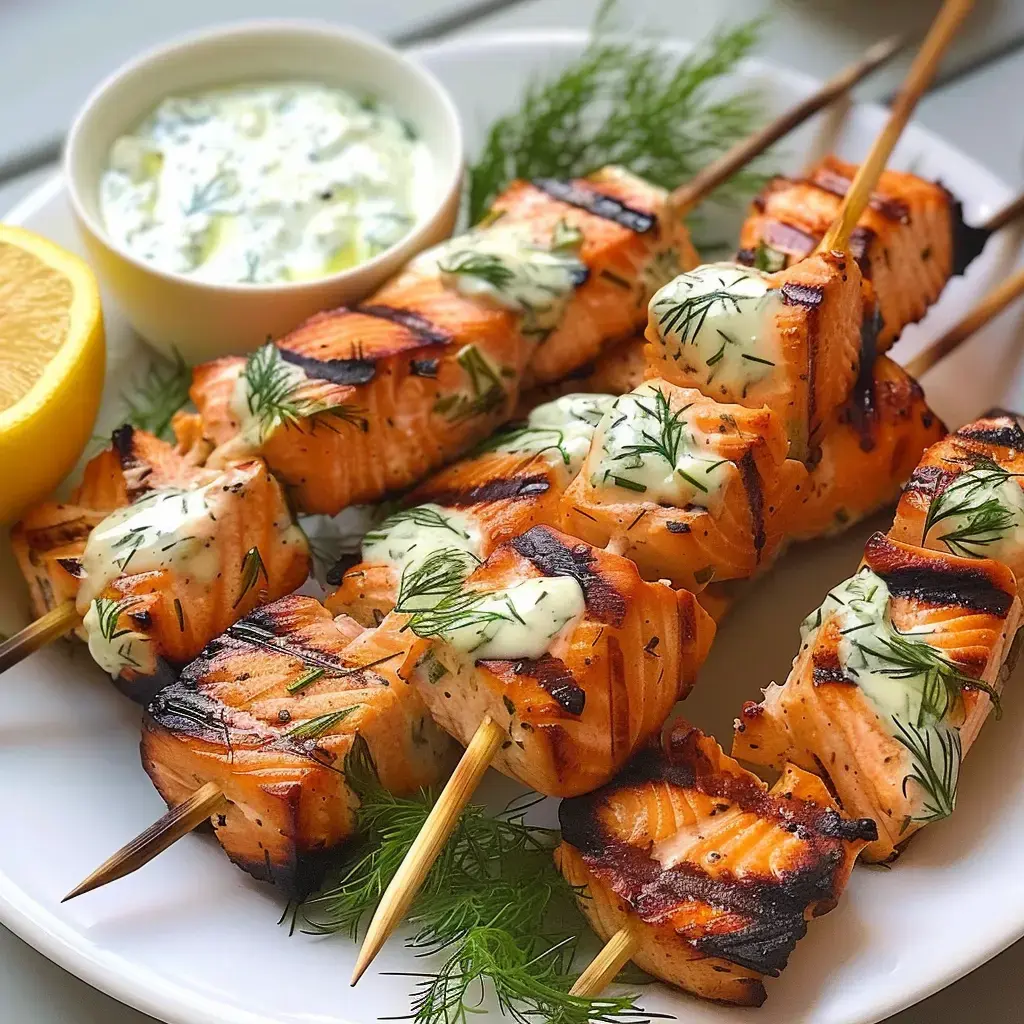 Grilled salmon skewers, topped with dill sauce, served with a lemon wedge and a bowl of sauce.