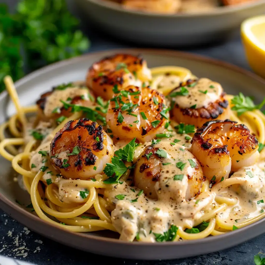 A plate of pasta topped with grilled scallops, coated in creamy sauce and sprinkled with fresh parsley.