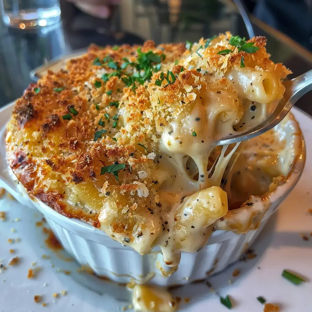 Creamy mac and cheese topped with golden breadcrumbs and fresh parsley.