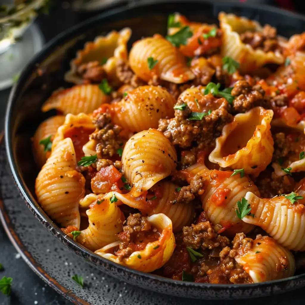 A dish of shell-shaped pasta mixed with ground meat and tomato sauce, topped with fresh parsley.