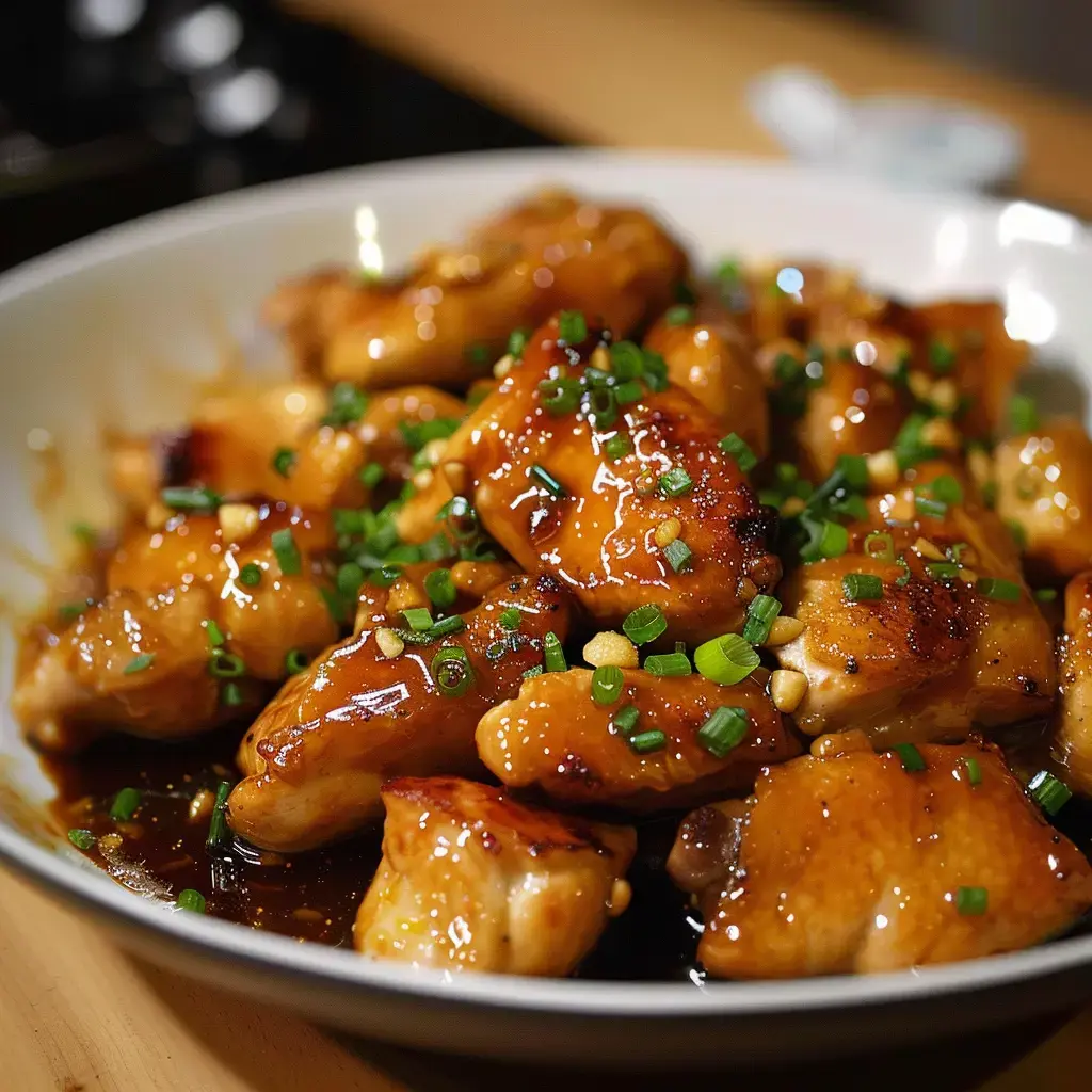 A plate of roasted chicken covered in glossy sauce and topped with sliced green onions.
