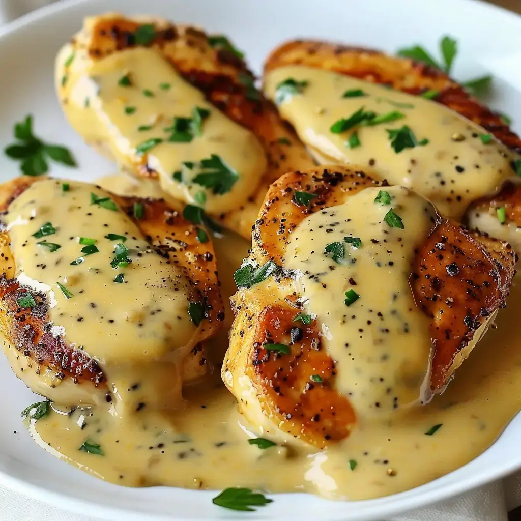 Grilled chicken fillets topped with creamy sauce, garnished with parsley and pepper, served on a plate.