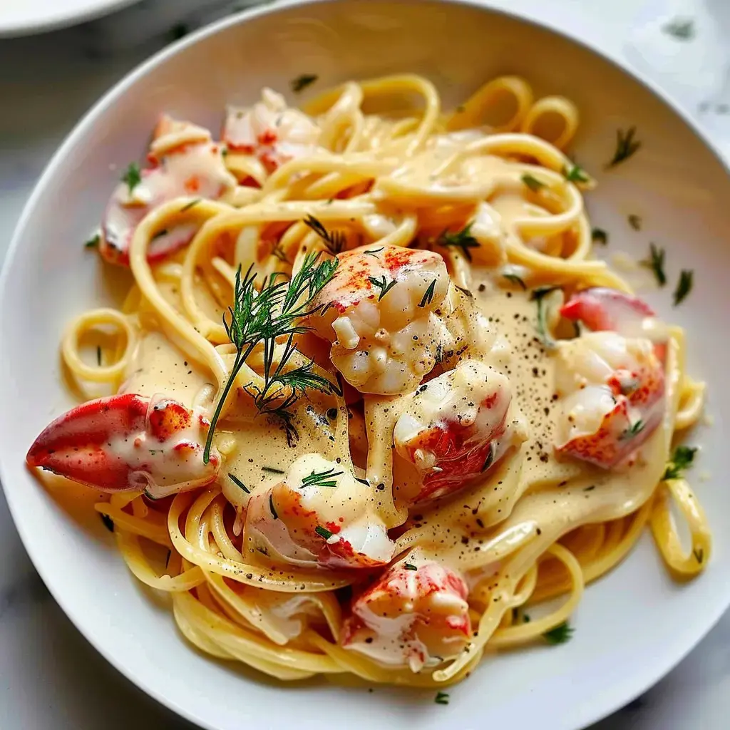 Linguine pasta with creamy sauce and chunks of lobster, topped with fresh dill.