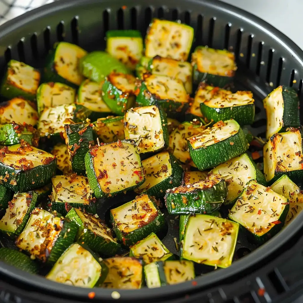 Roasted zucchini chunks, golden brown and seasoned, sitting in a cooking basket.