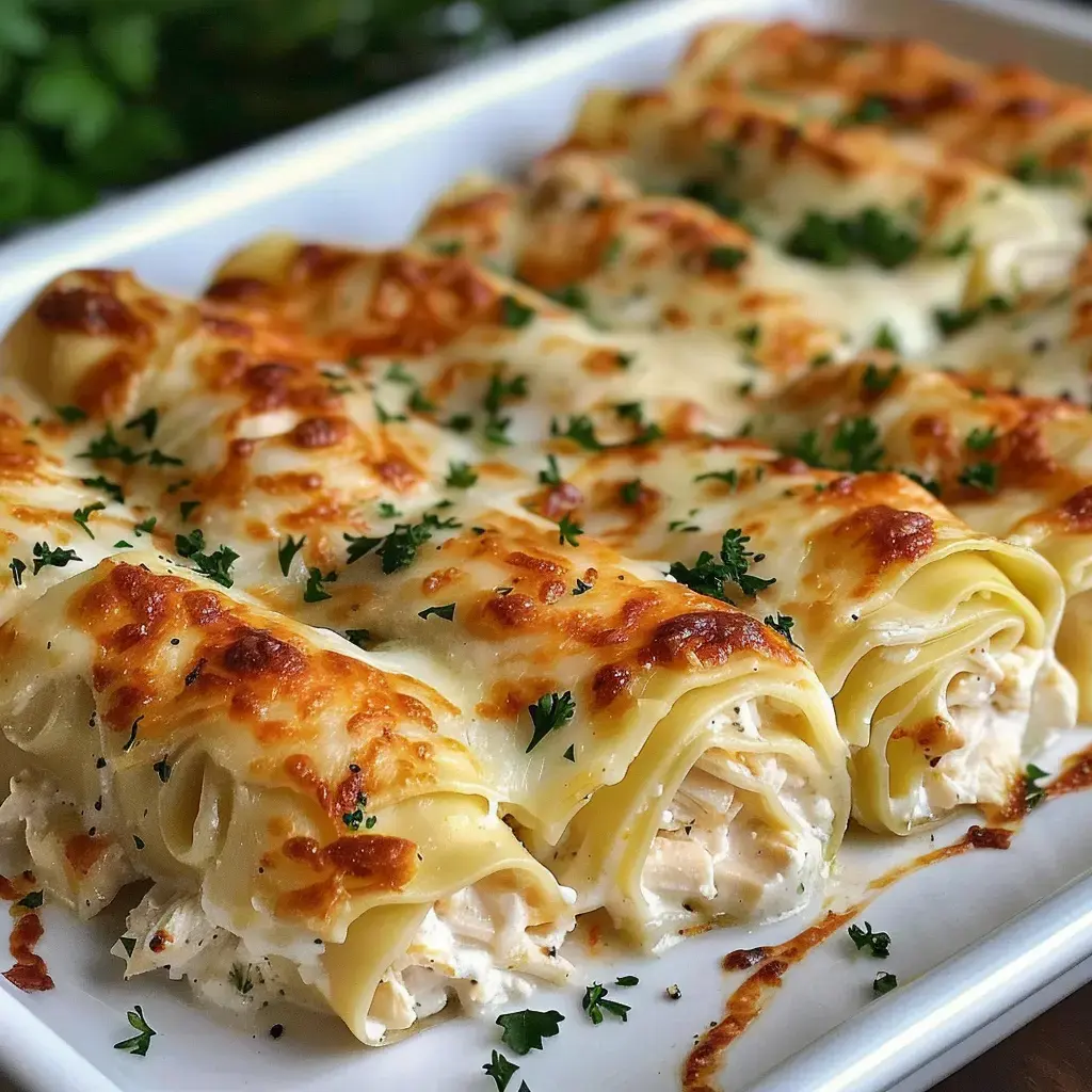 Chicken lasagna rolls topped with golden melted cheese and parsley, served on a white plate.