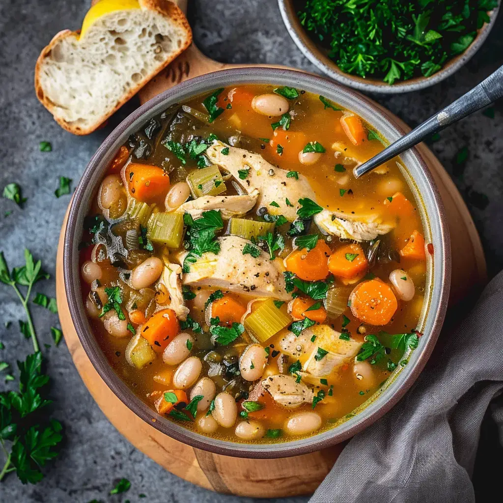 A heartwarming soup with chicken, colorful vegetables and white beans, served in a clay bowl.