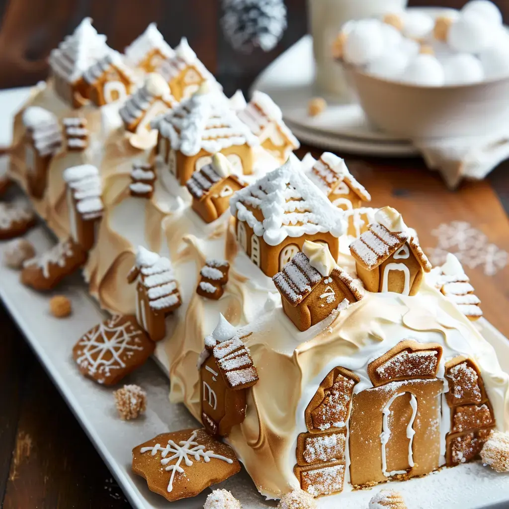 Gingerbread village cake topped with cream and powdered sugar, shown on a serving dish.