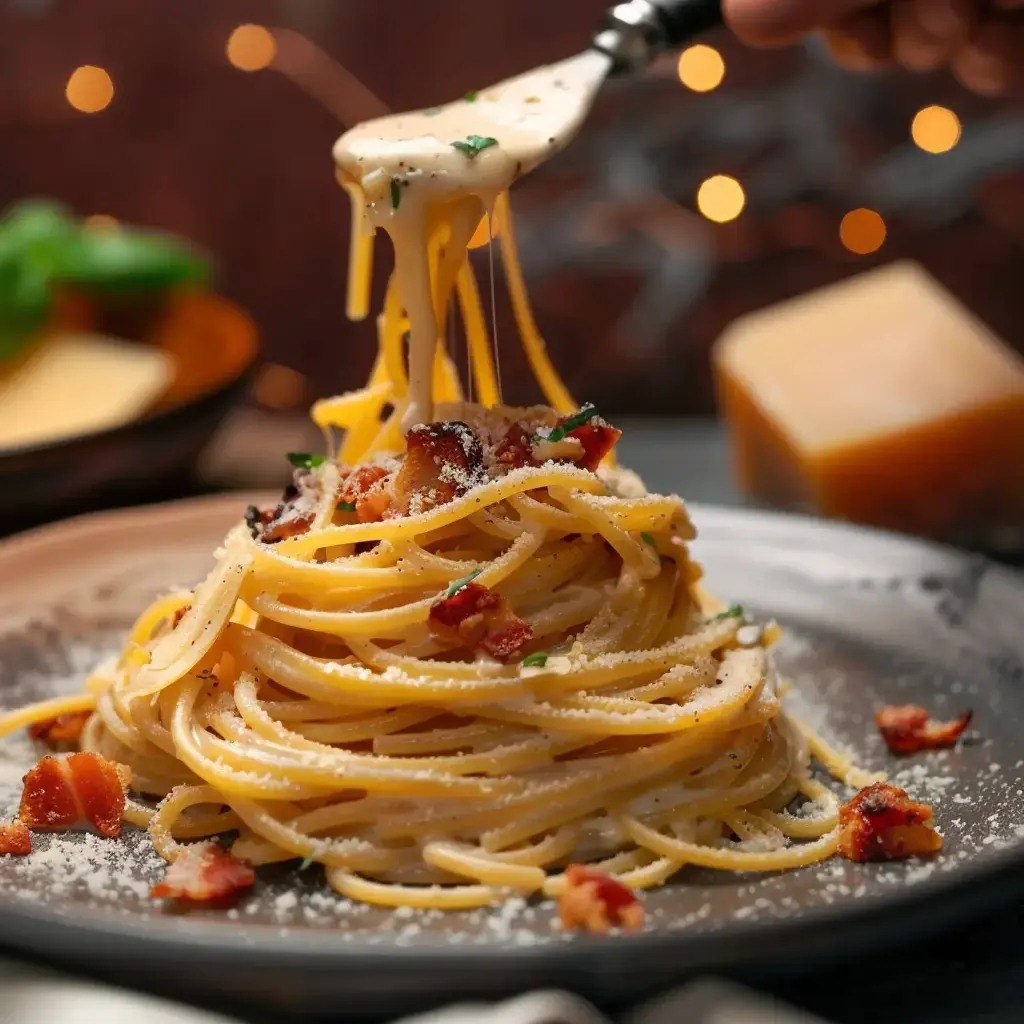 Creamy cheese pasta topped with bacon bits, served in a plate with a fork beside it.