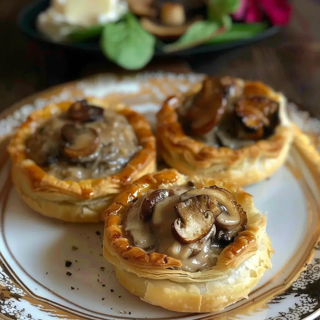 Three puff pastry tartlets filled with mushrooms and creamy sauce, arranged on a decorative plate.