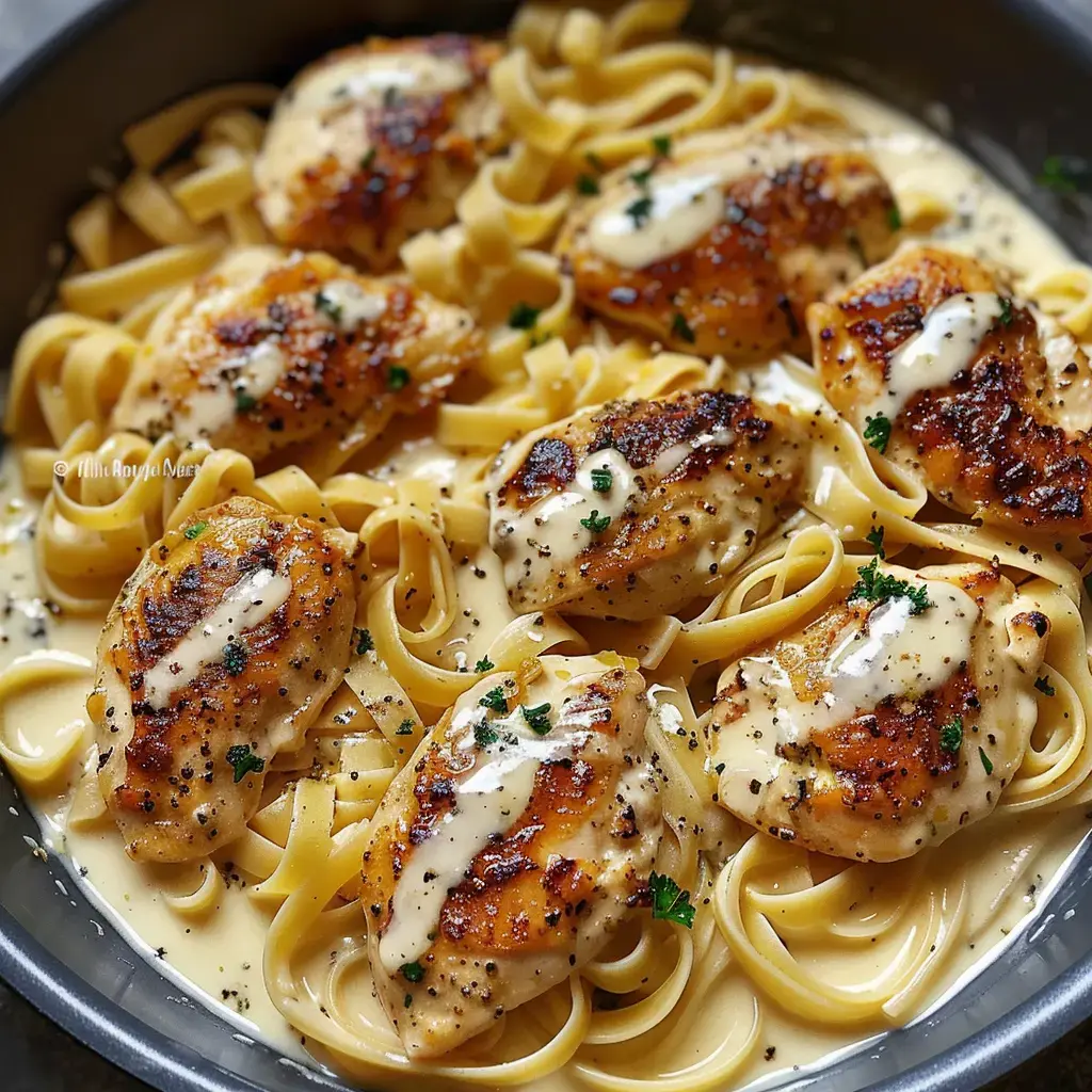 A pasta dish topped with grilled chicken and creamy sauce, garnished with fresh parsley.
