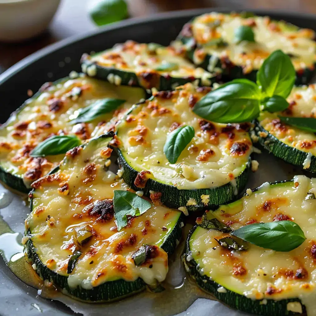 Zucchini slices topped with melted cheese and fresh basil, shown on a plate.