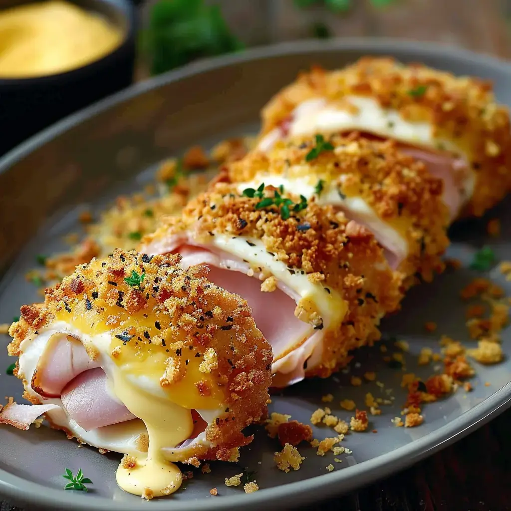 Crispy chicken rolls filled with melted cheese, served on a gray plate.