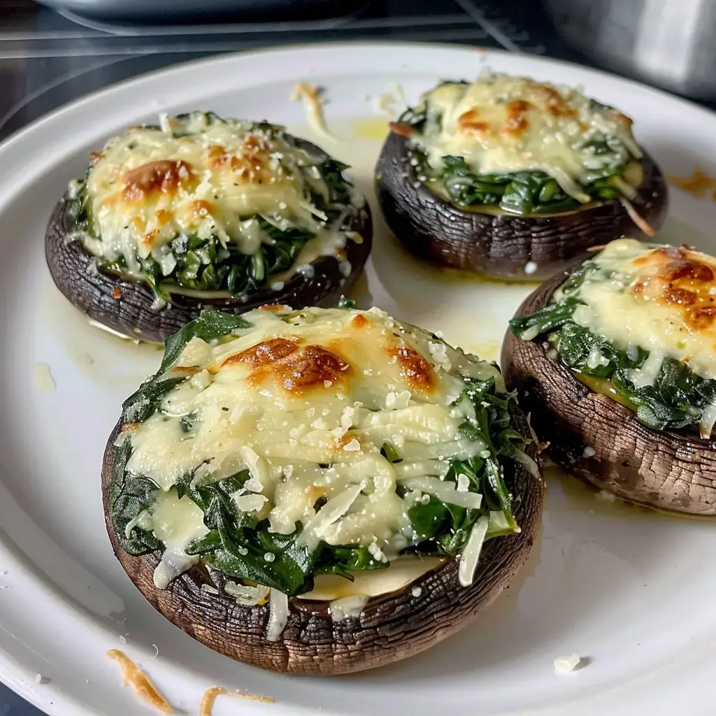 Four mushrooms filled with spinach and golden melted cheese on a plate.